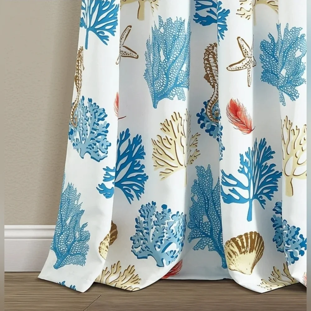 LUSH DECOR Coastal Reef Feather Window Panels Light Filtering Blue/Coral 52x84in